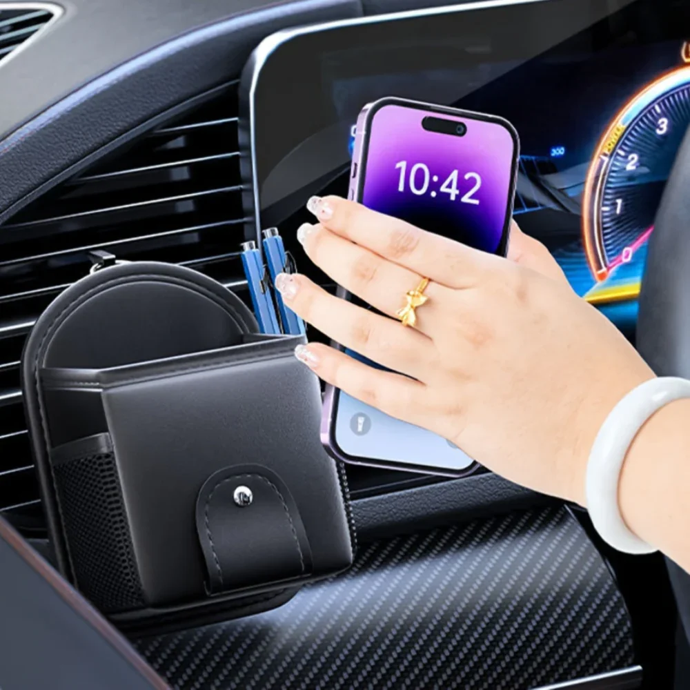 Auto vent organizer | Leren opbergvak met magneet telefoonhouder - Image 4