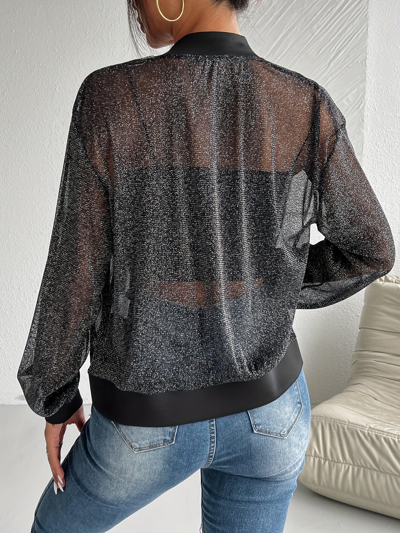 Dames bomberjack | Zwart mesh jas met glitter en rits - Image 2