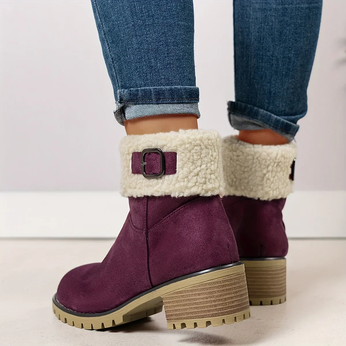 Dames enkellaarsjes | Paarse laarsjes met fleece voering en gesp - Image 14