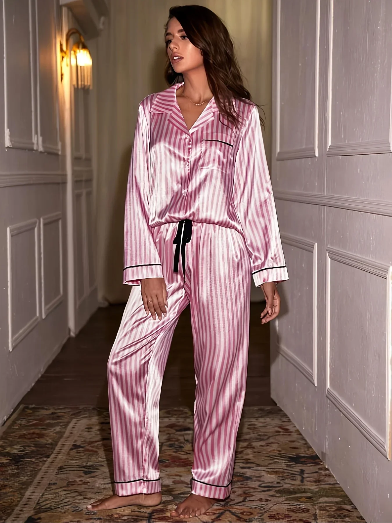 Dames gestreepte pyjama set met satijnlook | Lange mouw en broek - Image 5