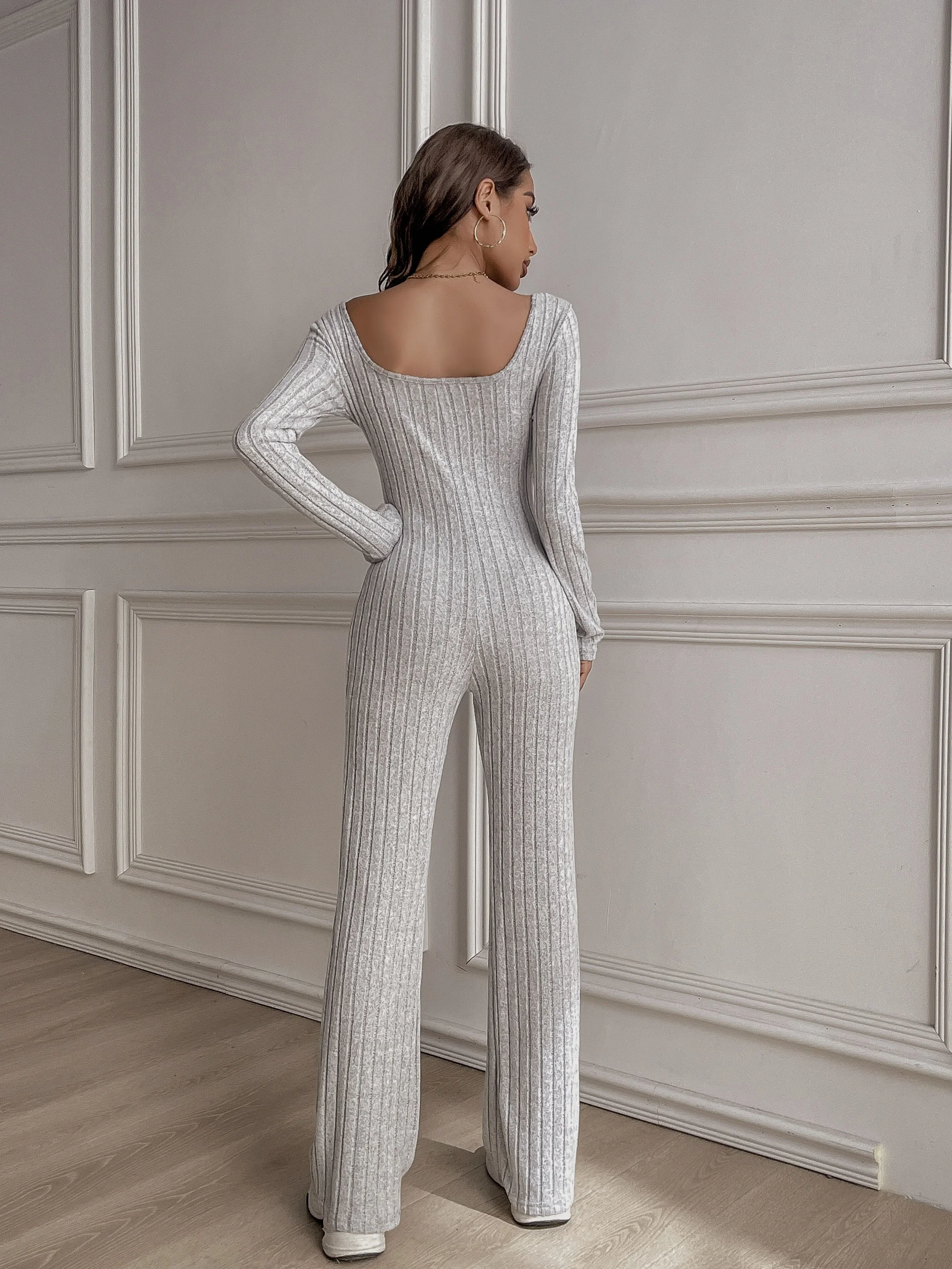 Dames jumpsuit | Ribstof broekpak met scoop neck en flare pijpen - Image 3