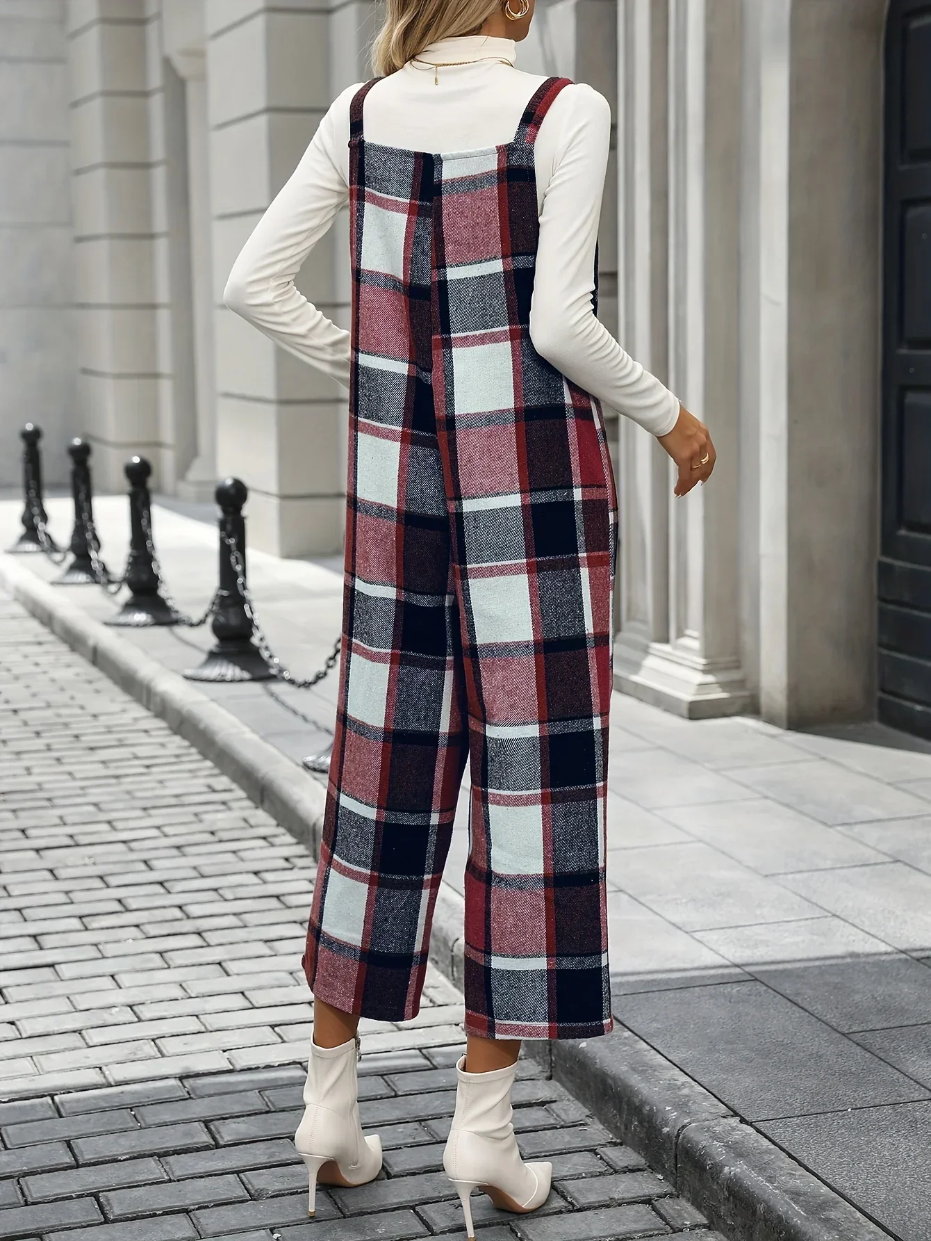Dames jumpsuit | Ruit broekpak met square neck en wijde pijpen - Image 11