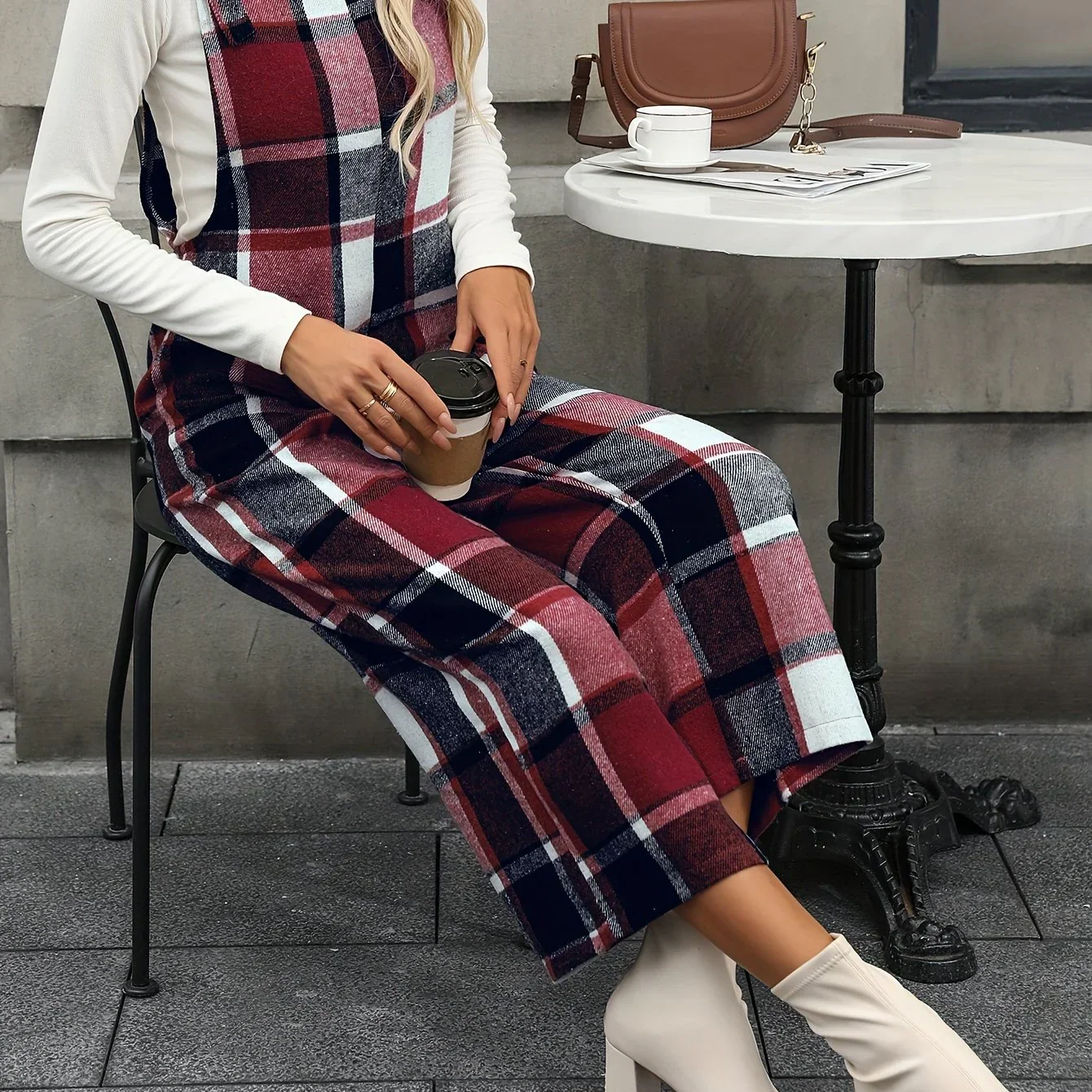 Dames jumpsuit | Ruit broekpak met square neck en wijde pijpen - Image 13