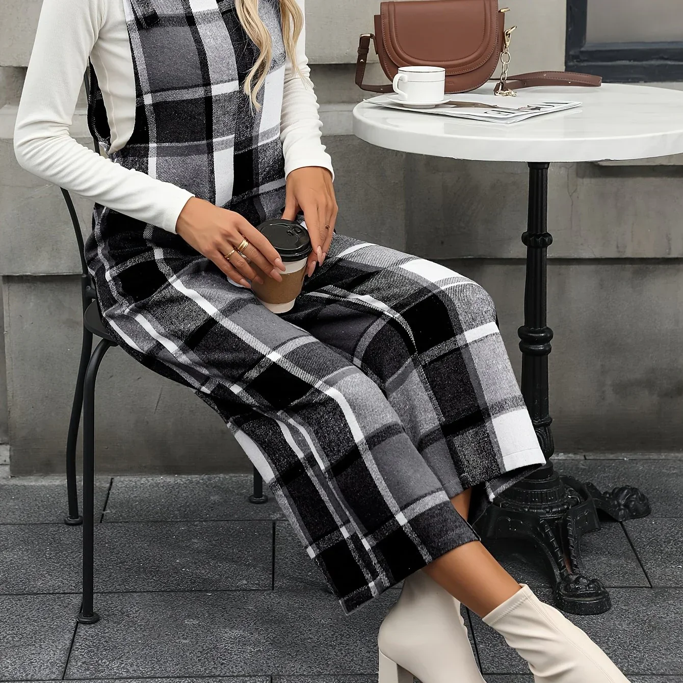 Dames jumpsuit | Ruit broekpak met square neck en wijde pijpen - Image 14