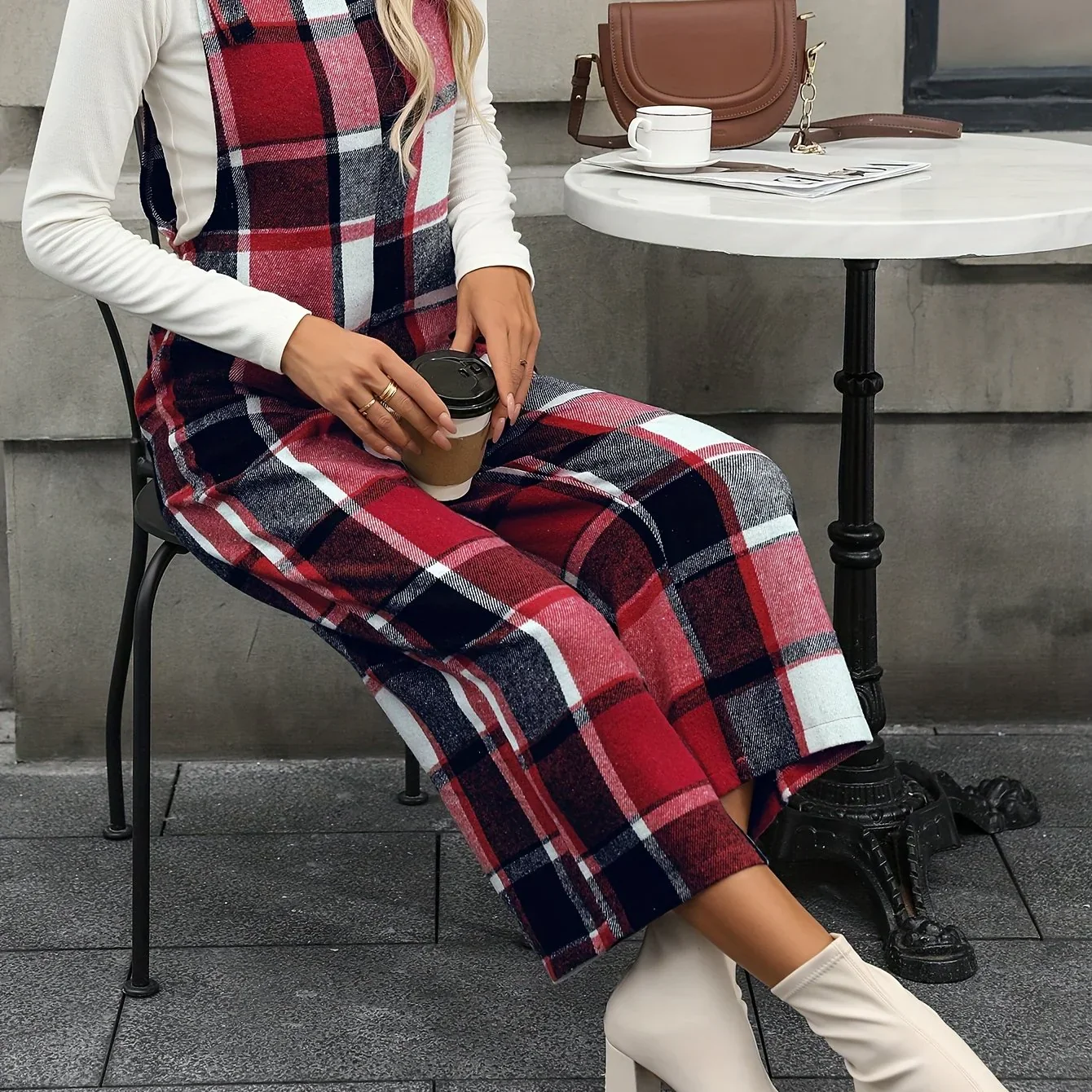 Dames jumpsuit | Ruit broekpak met square neck en wijde pijpen - Image 15