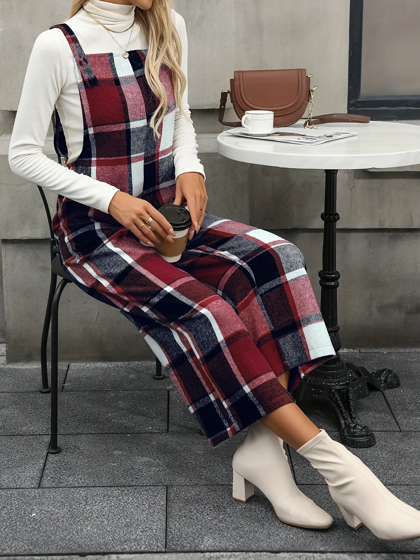 Dames jumpsuit | Ruit broekpak met square neck en wijde pijpen - Image 6