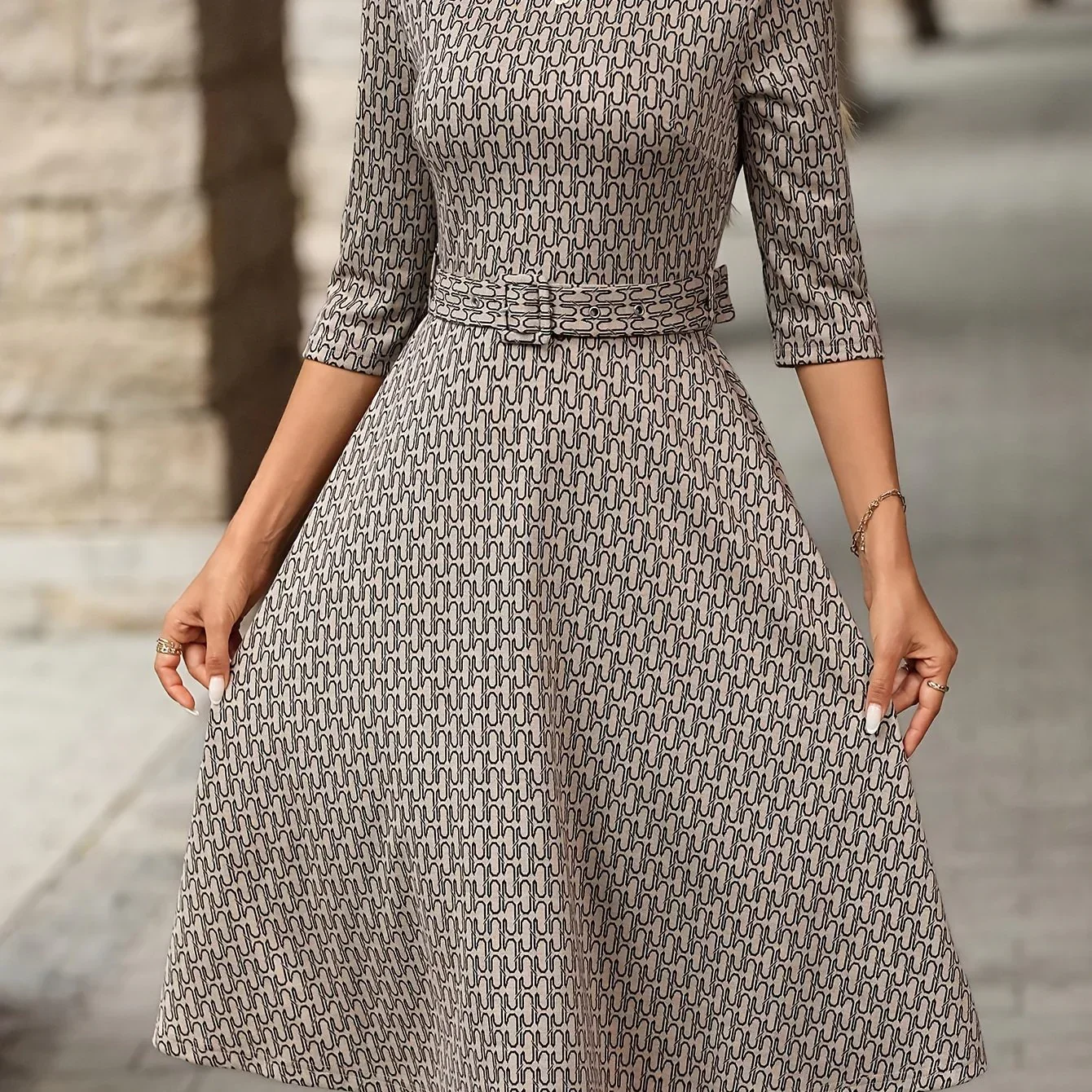 Dames jurk | Elegante midi jurk met ceintuur en print - Image 6