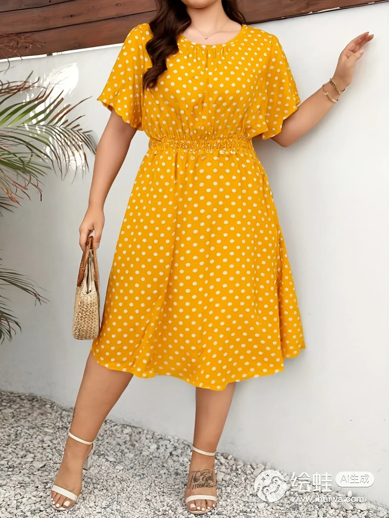 Dames jurk | Groene stippen jurk met elastische taille - Image 10