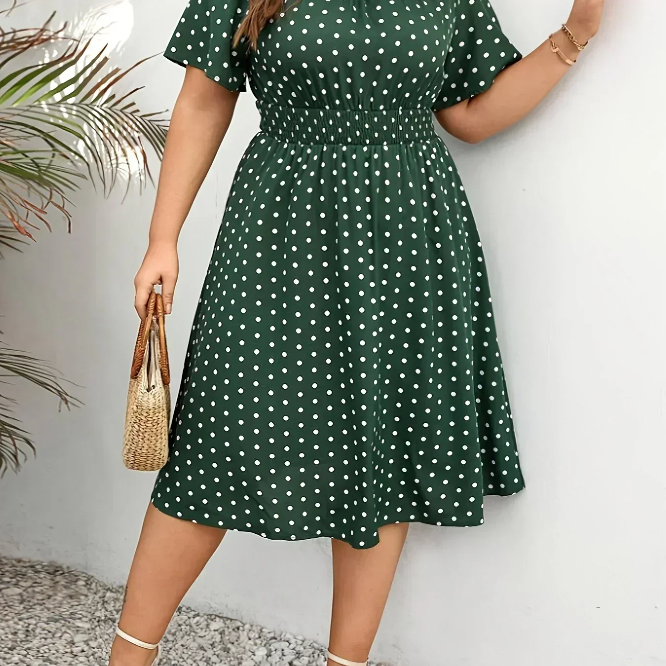 Dames jurk | Groene stippen jurk met elastische taille - Image 15