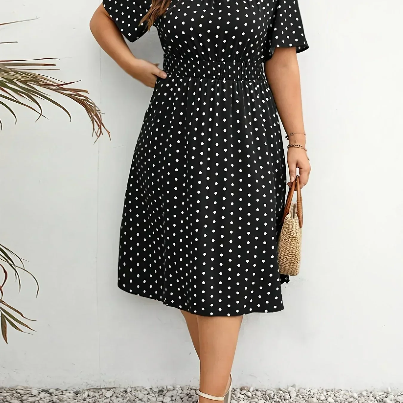 Dames jurk | Groene stippen jurk met elastische taille - Image 16