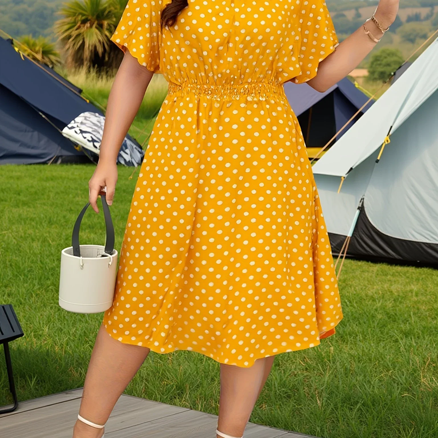 Dames jurk | Groene stippen jurk met elastische taille - Image 17