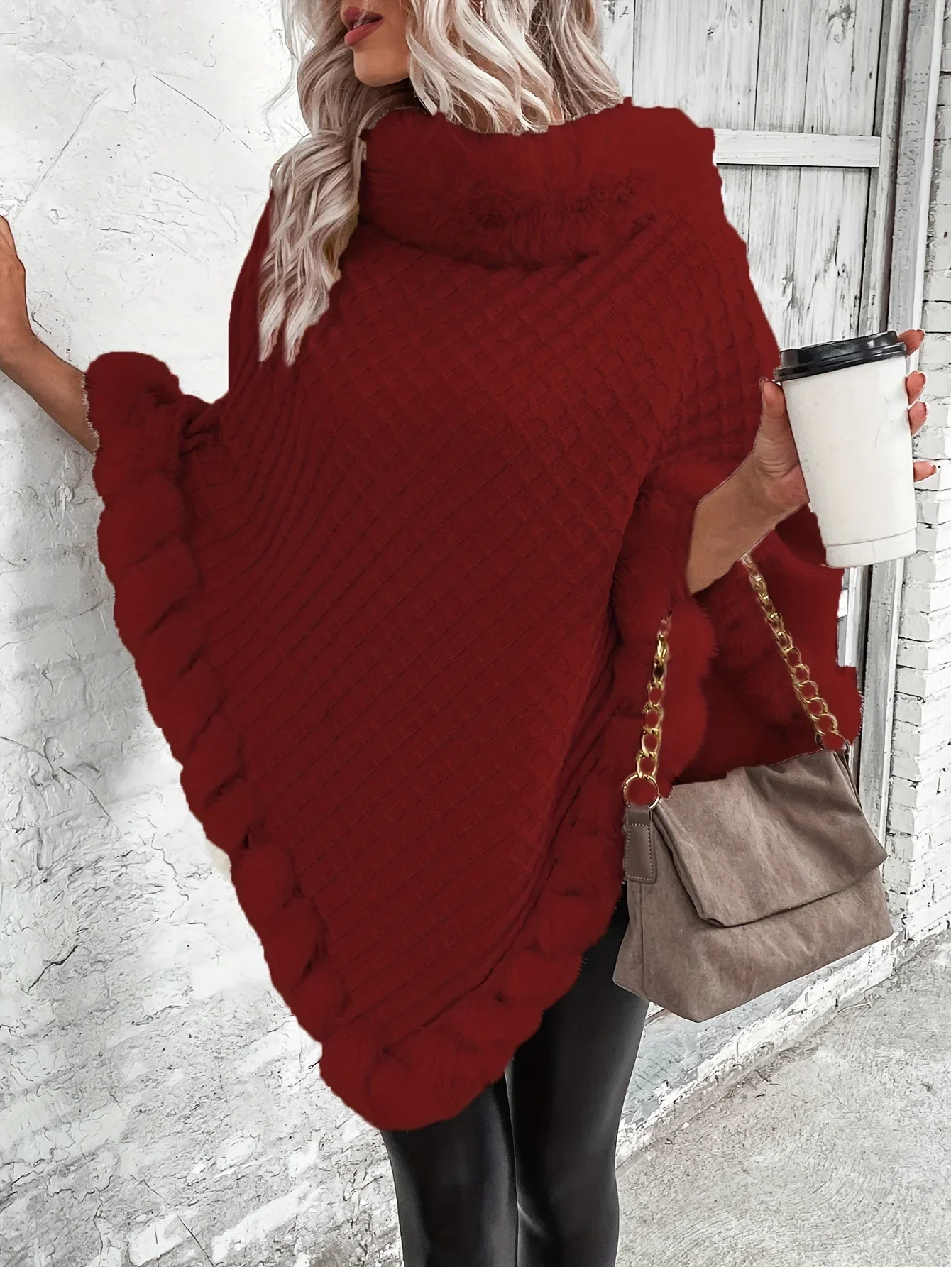 Dames poncho | Gebreide winter cape met bontkraag - Image 3