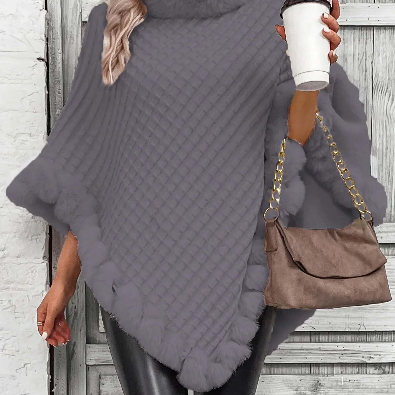 Dames poncho | Gebreide winter cape met bontkraag - Image 7