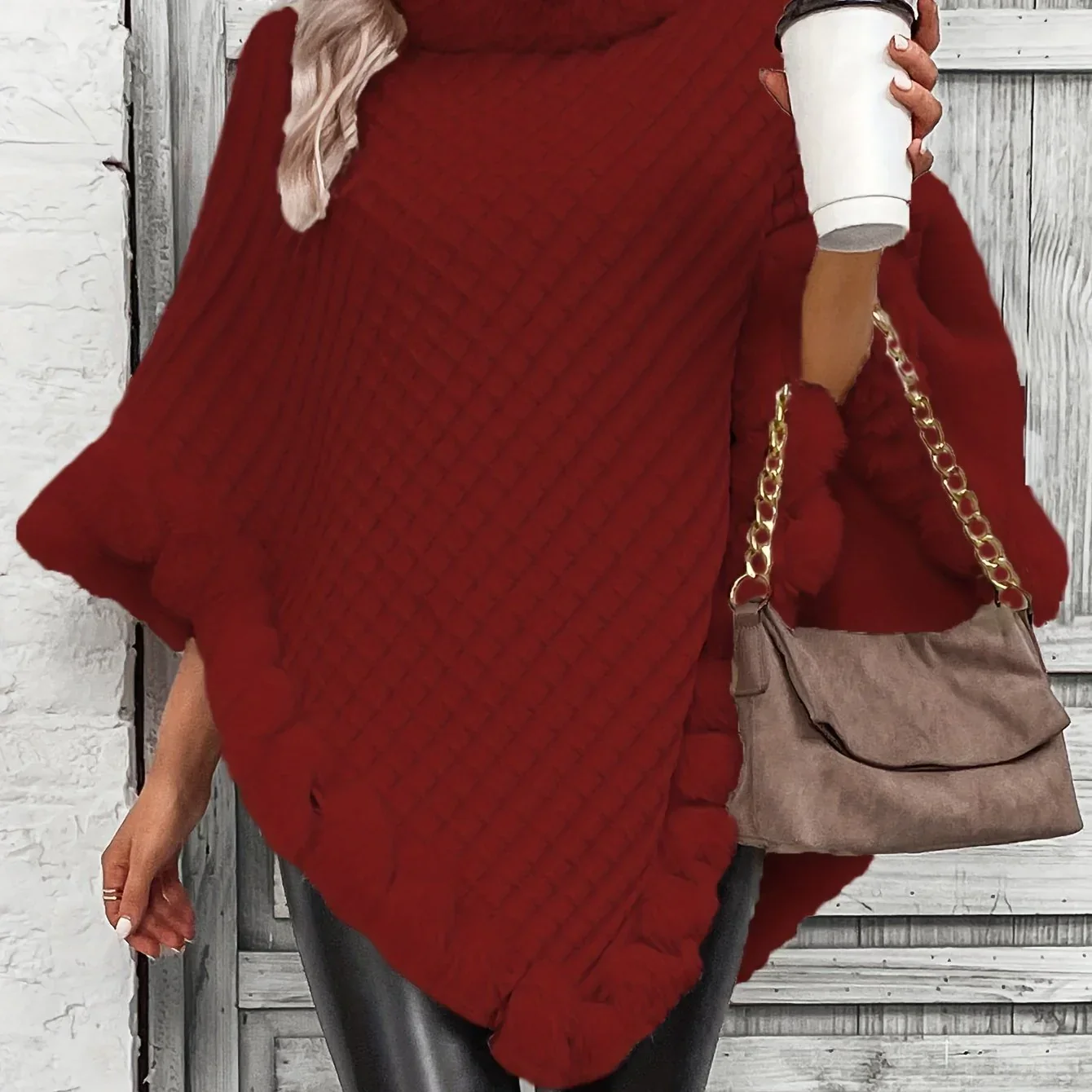 Dames poncho | Gebreide winter cape met bontkraag - Image 9