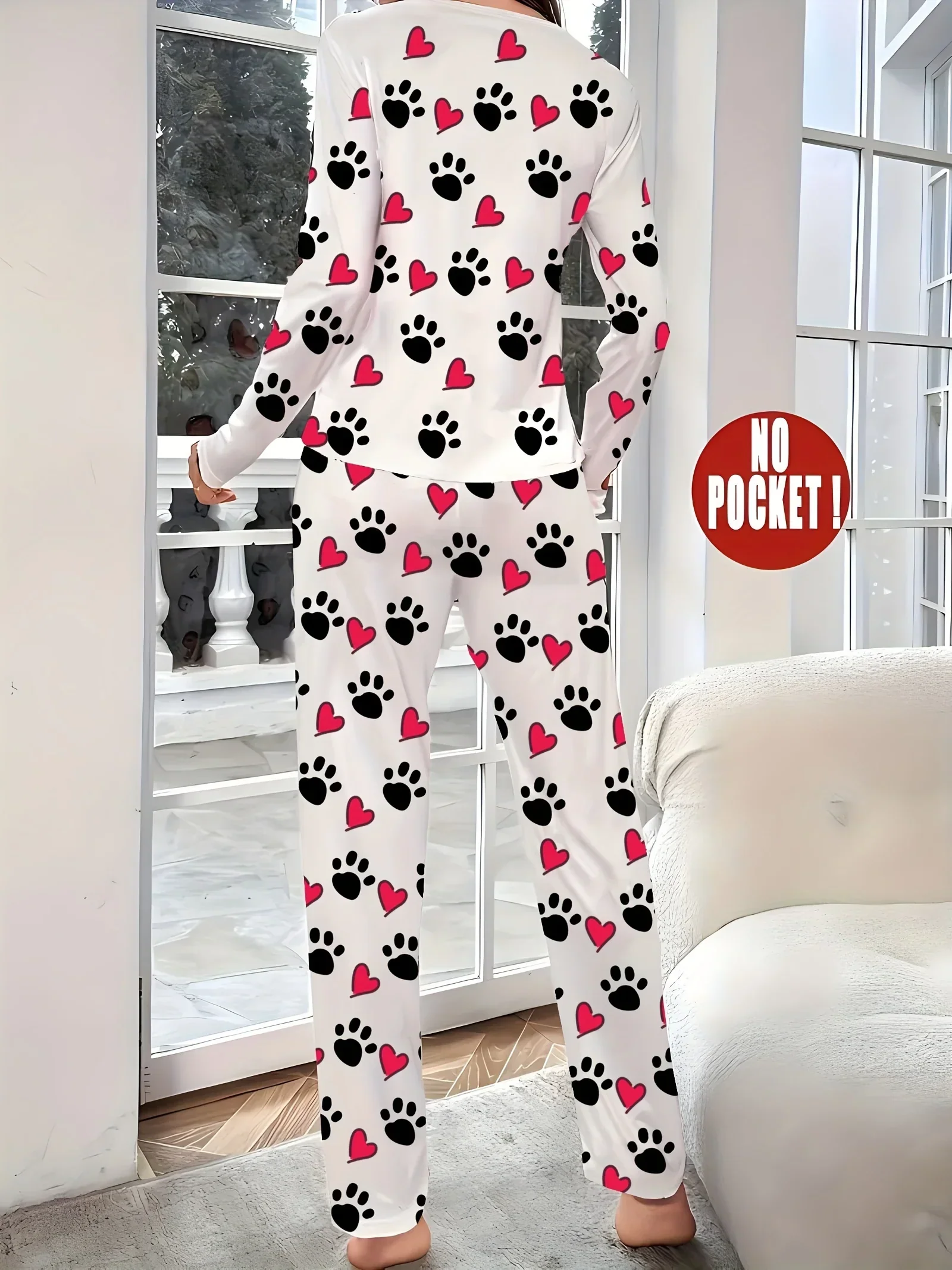 Dames pyjama set | Hartjes en pootafdruk print met lange mouwen - Image 3
