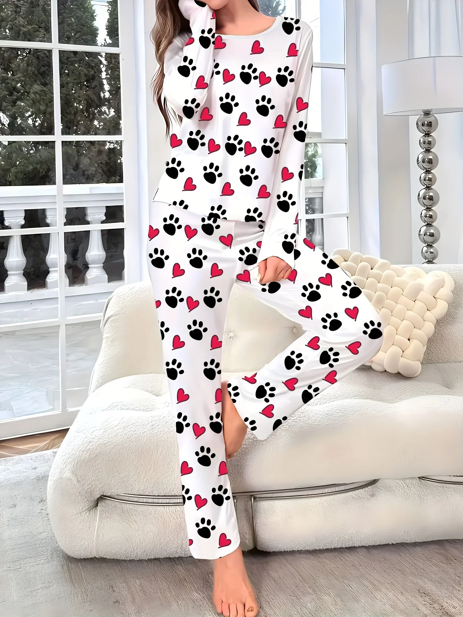 Dames pyjama set | Hartjes en pootafdruk print met lange mouwen - Image 5