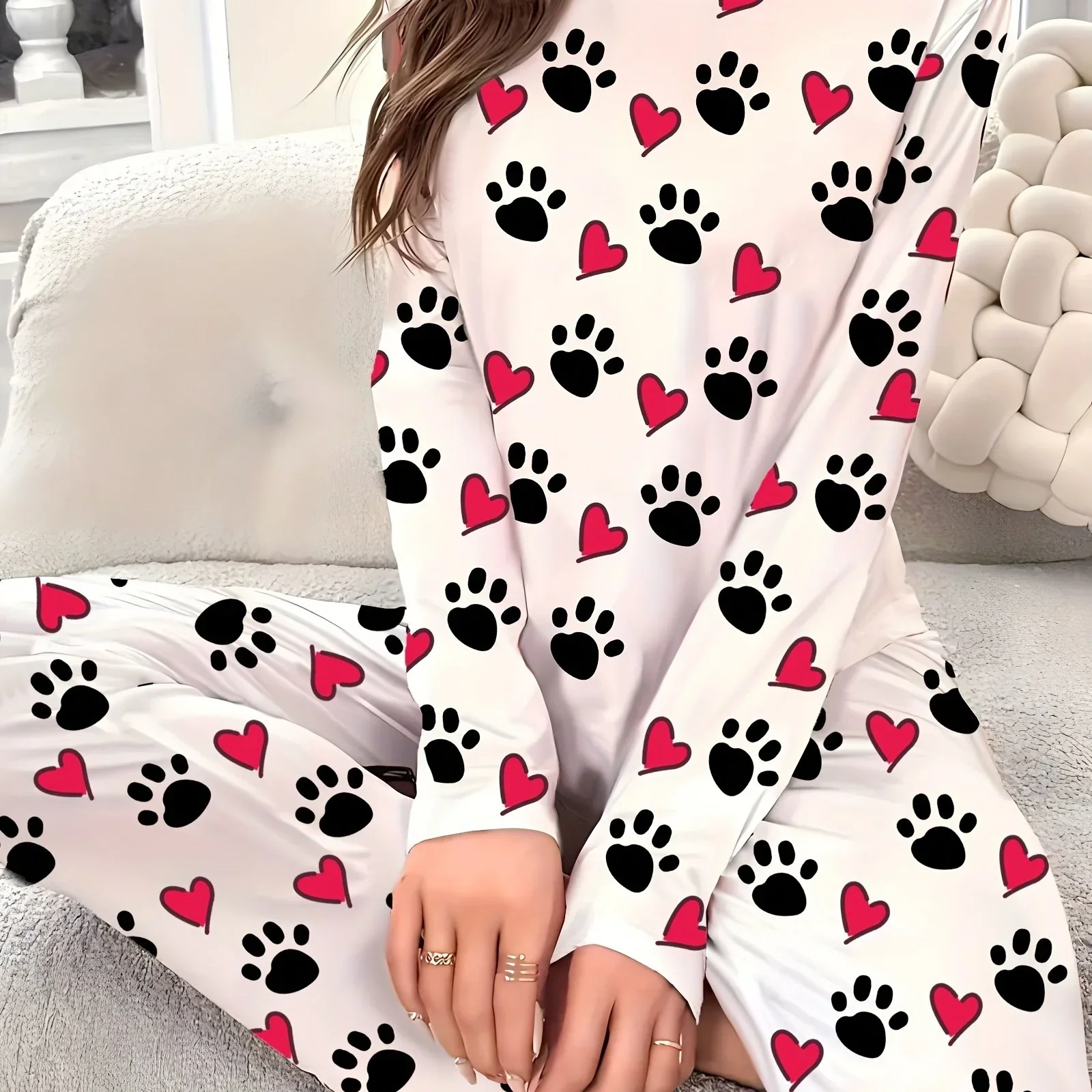 Dames pyjama set | Hartjes en pootafdruk print met lange mouwen - Image 6