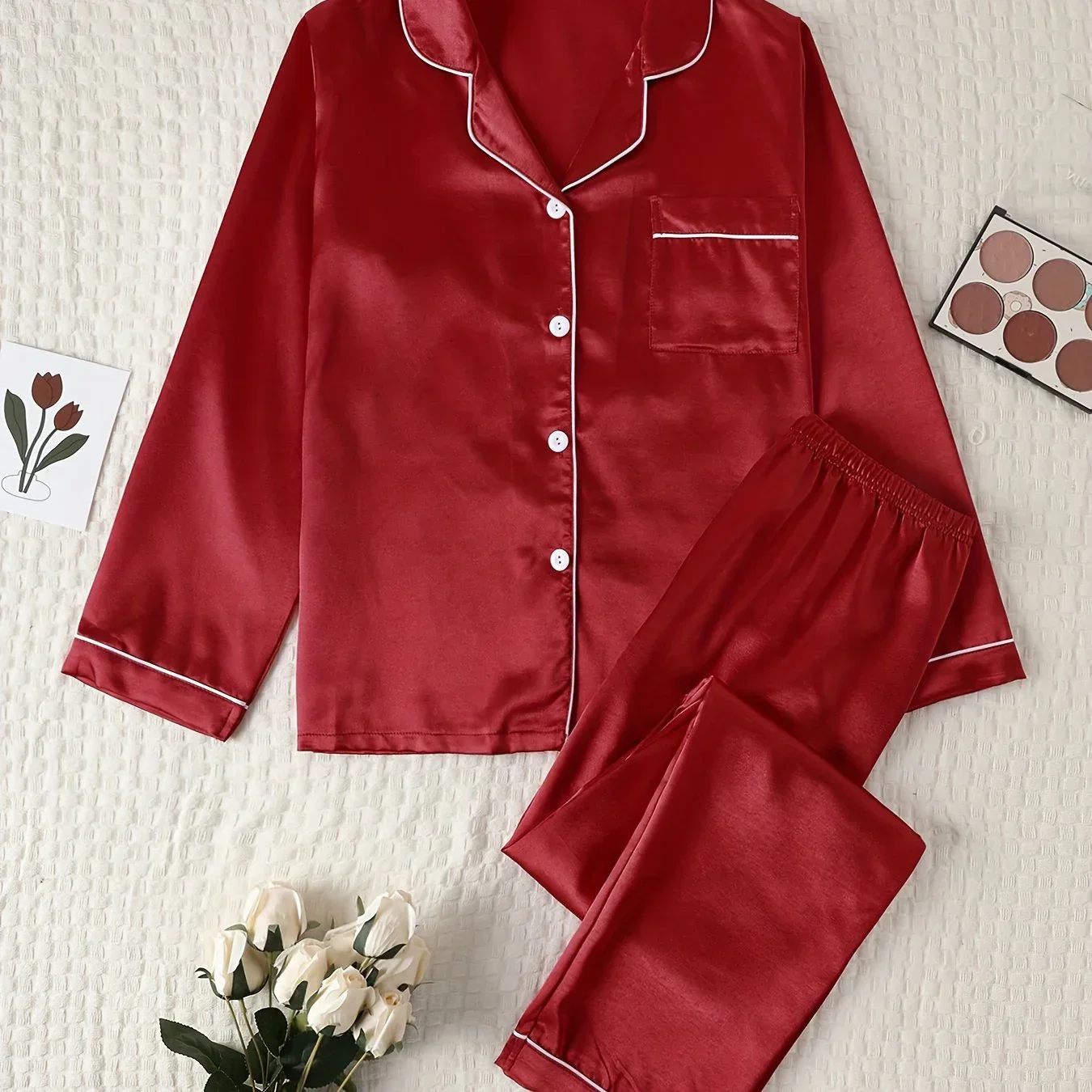 Dames pyjama set met satijnlook | Lange mouwen & knoopsluiting - Image 12
