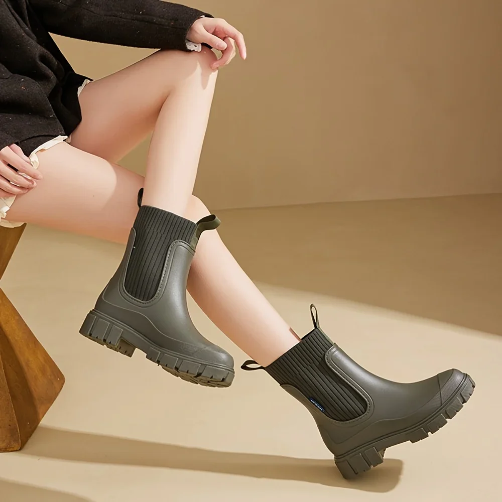 Dames regenlaarzen | Beige chelsea boots met dikke zool - Image 11
