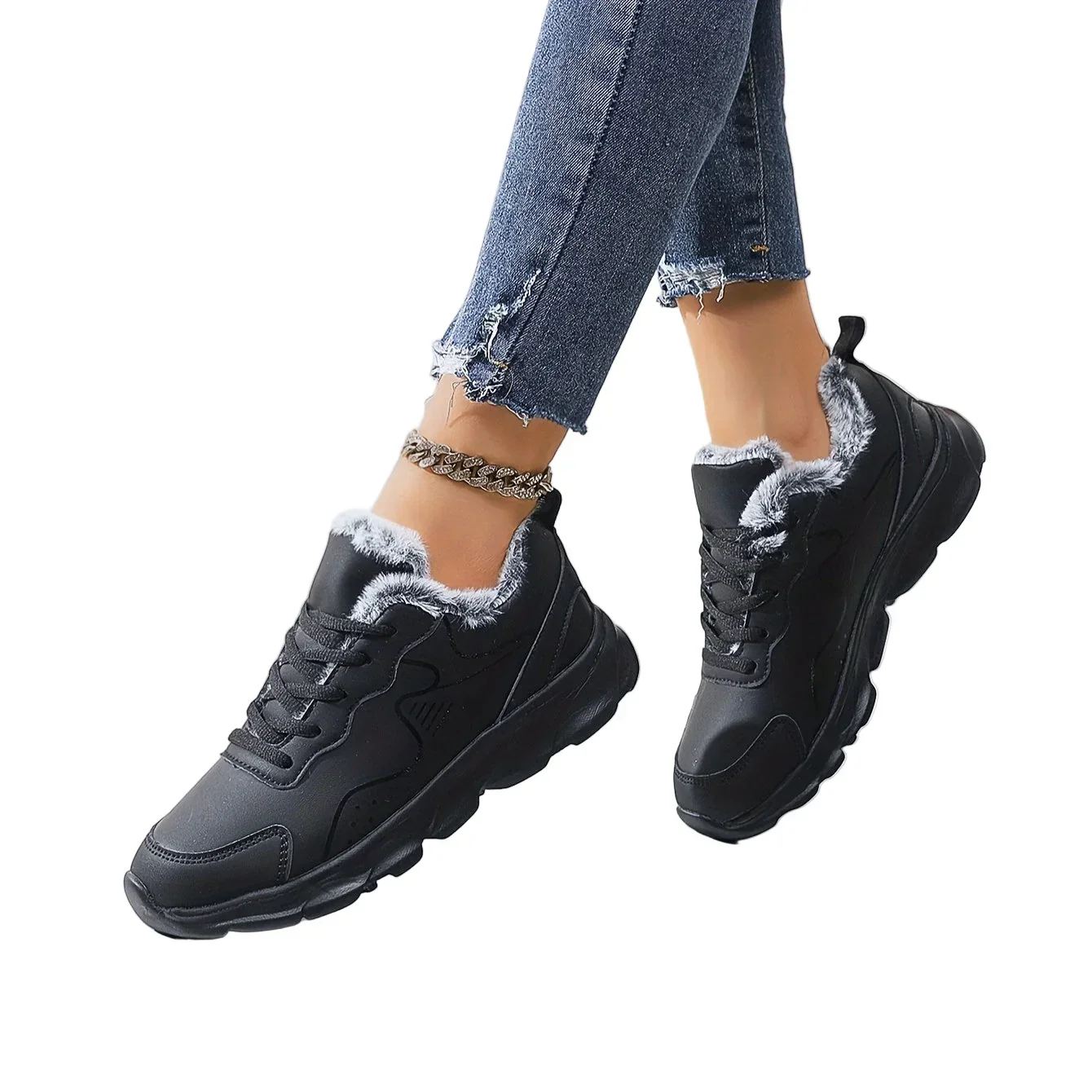 Dames sneakers zwart | Warme winter schoenen met bontvoering - Image 3