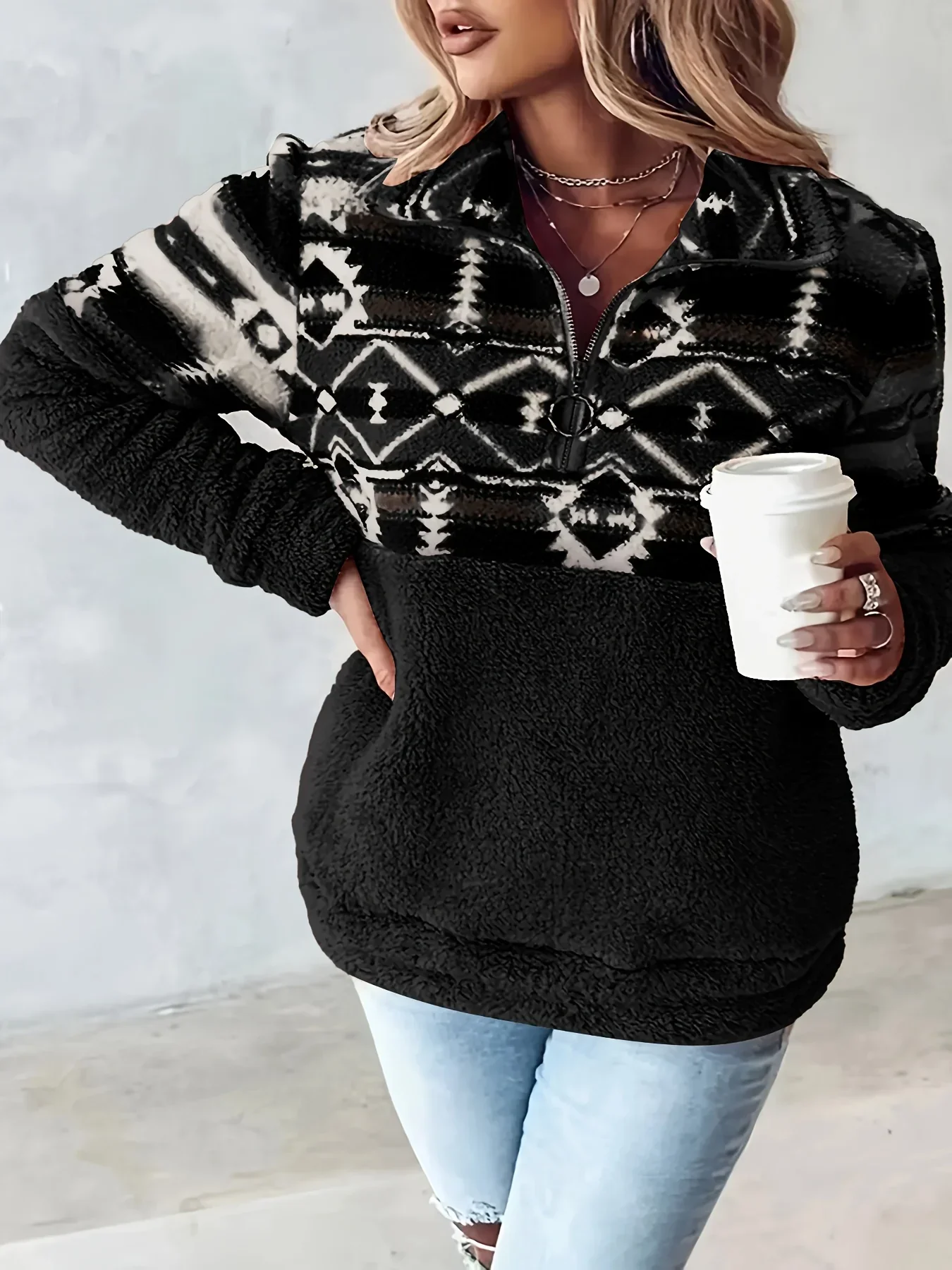 Dames sweater | Teddy fleece trui met halve rits en aztec print - Image 3