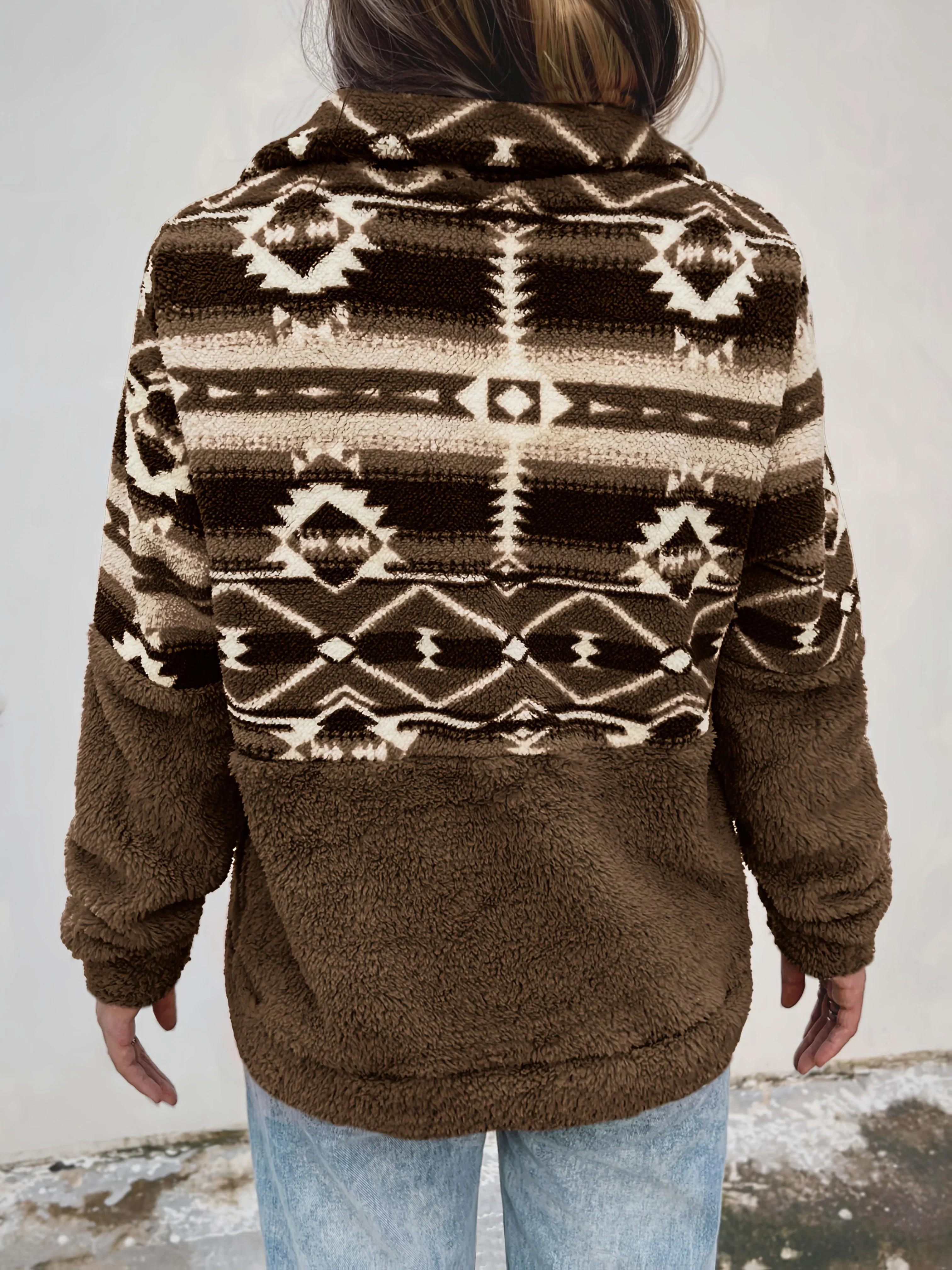 Dames sweater | Teddy fleece trui met halve rits en aztec print - Image 4