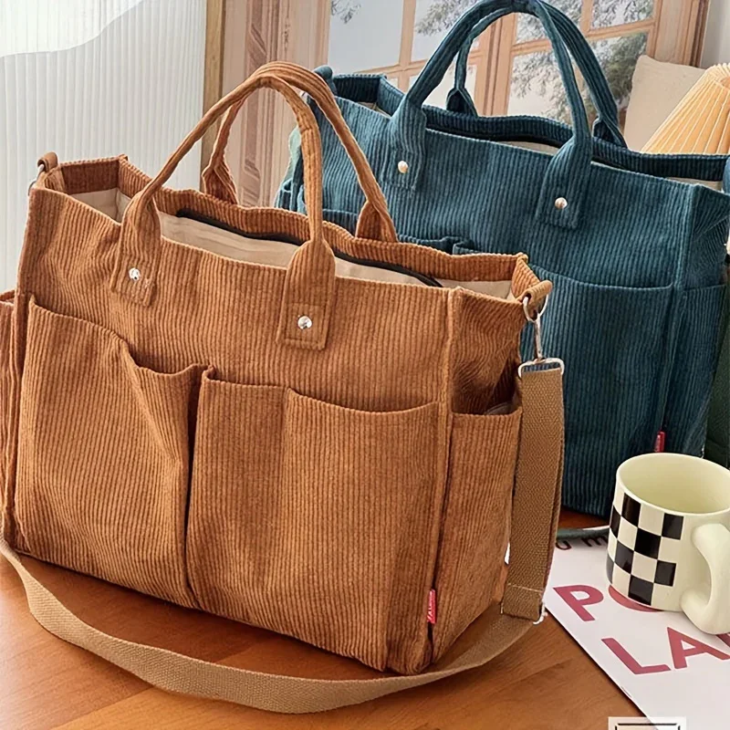 Dames tas | Corduroy tote met schouderband en vakken