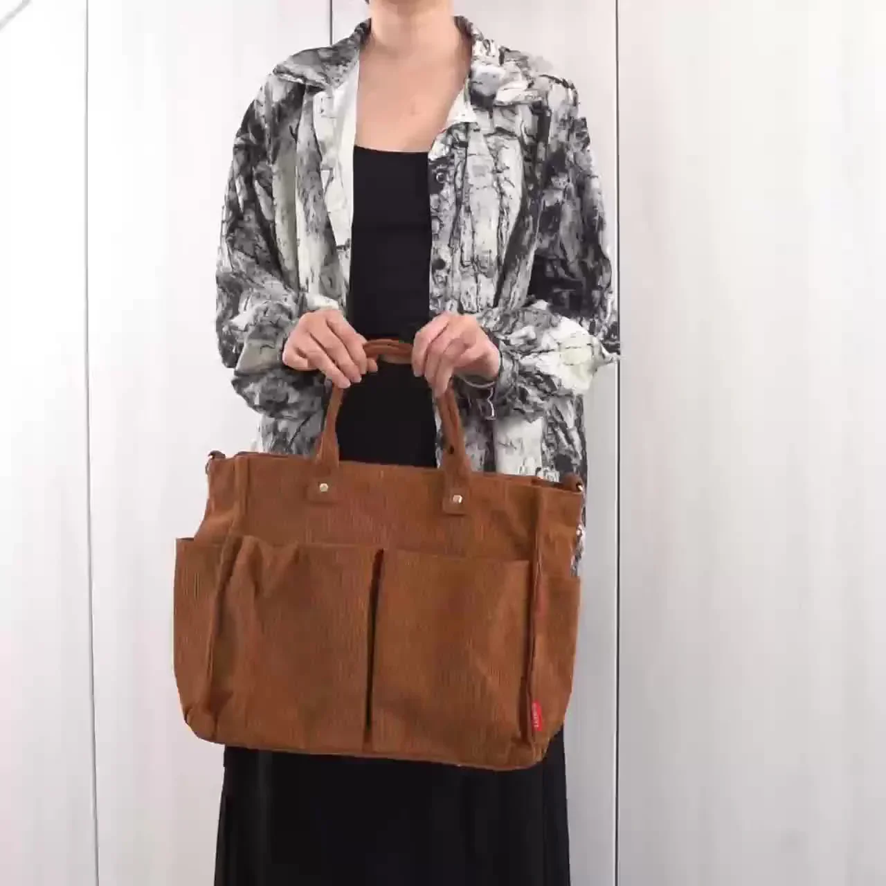 Dames tas | Corduroy tote met schouderband en vakken - Image 12