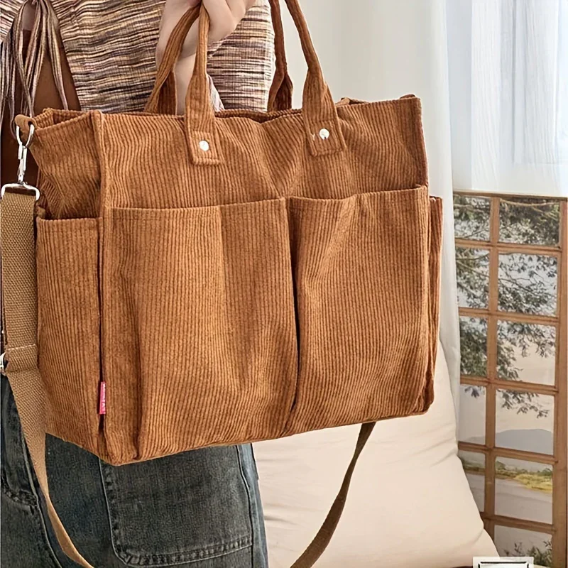 Dames tas | Corduroy tote met schouderband en vakken - Image 6