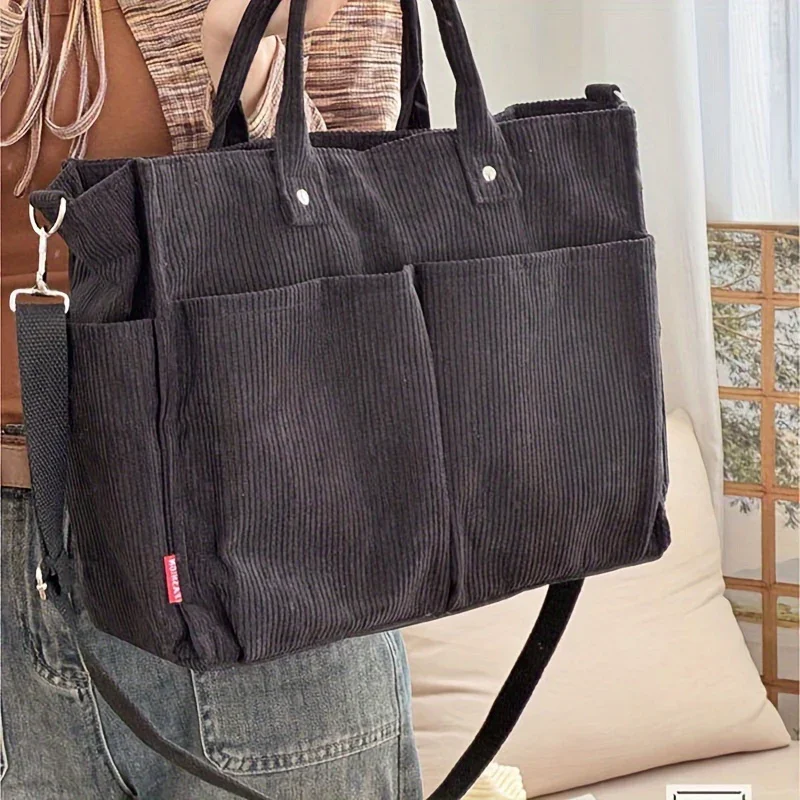 Dames tas | Corduroy tote met schouderband en vakken - Image 8
