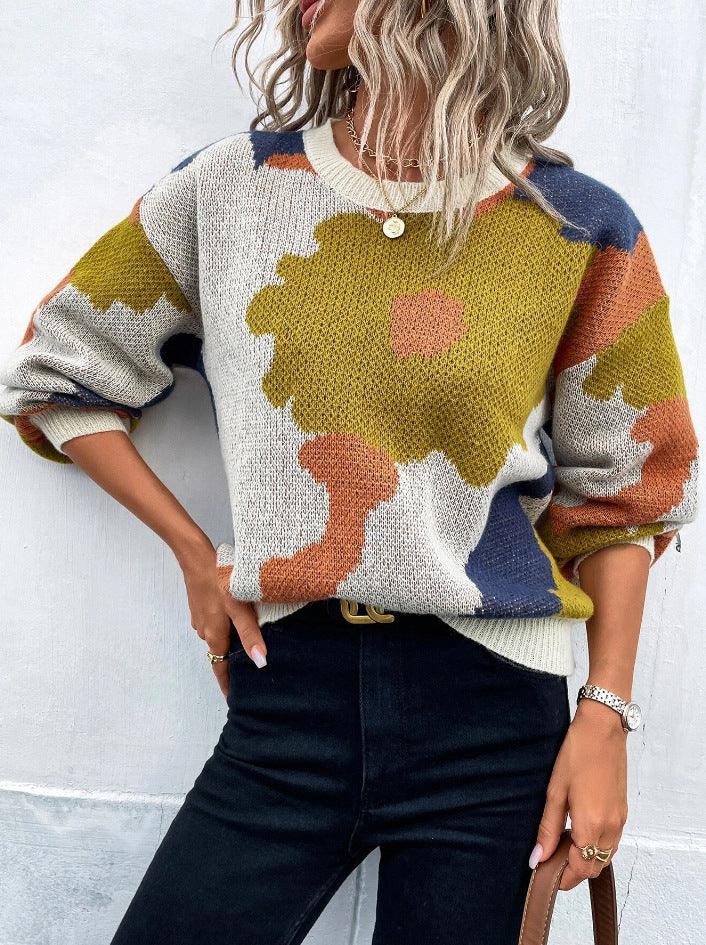 Dames trui | Beige sweater met bloemenprint en ronde hals - Image 2
