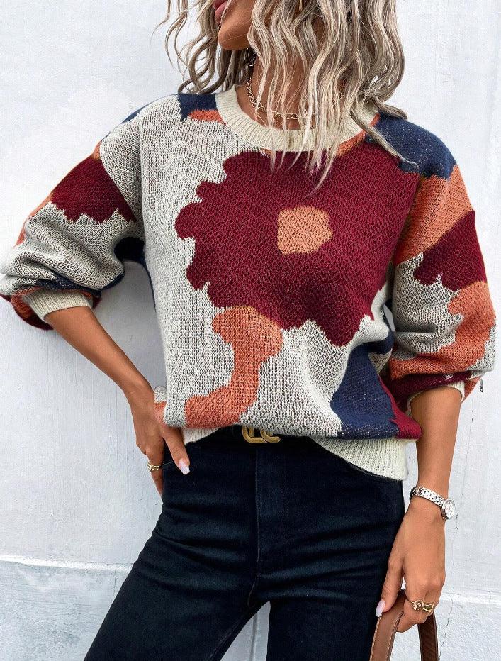 Dames trui | Beige sweater met bloemenprint en ronde hals - Image 3