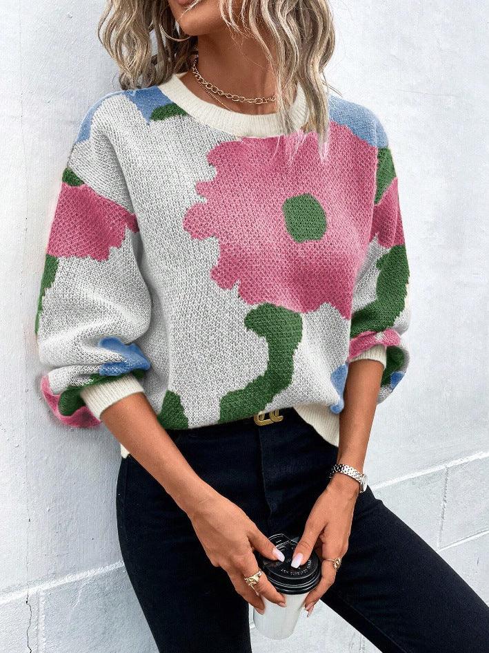 Dames trui | Beige sweater met bloemenprint en ronde hals - Image 7