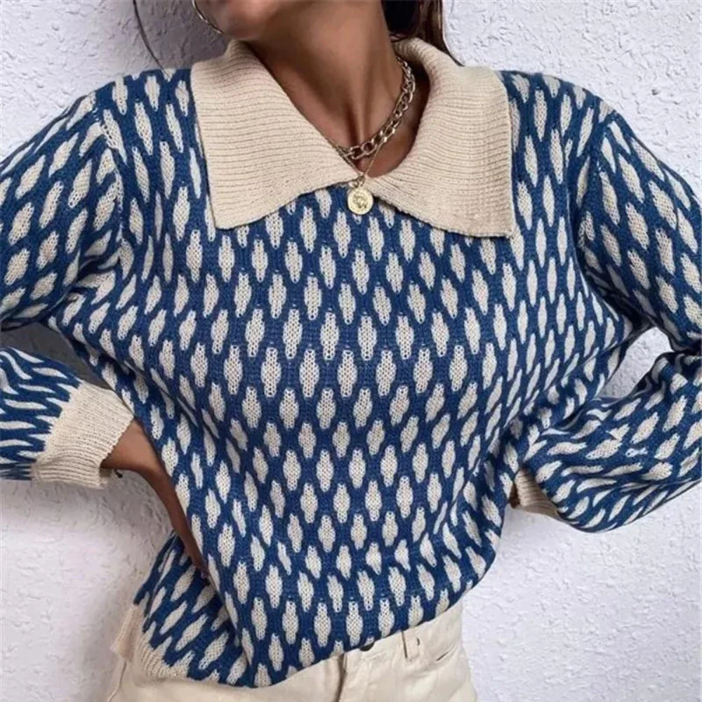 Dames trui | Blauwe sweater met patroon en kraag - Image 3