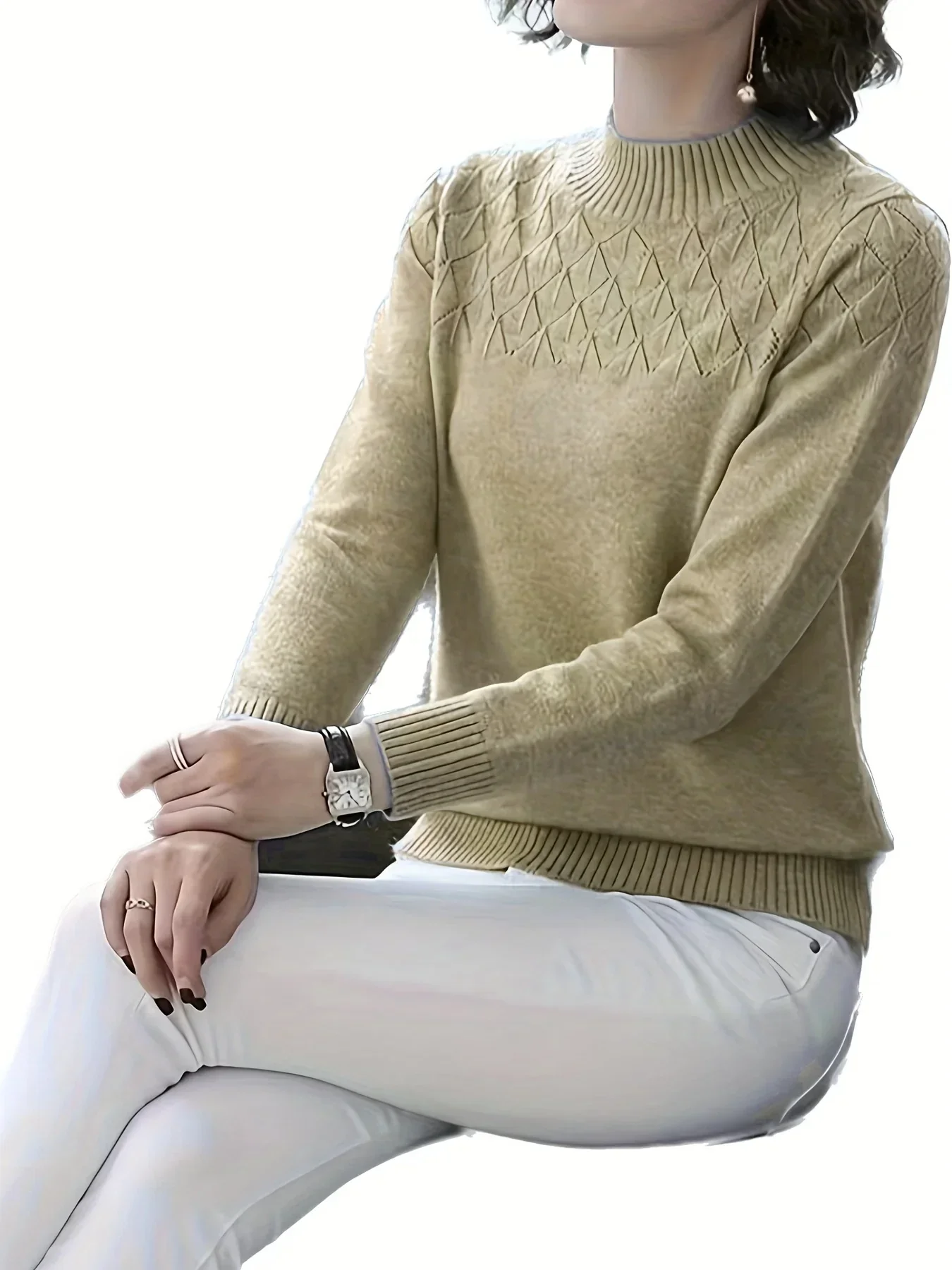 Dames trui | Blauwe viscose sweater met diamantpatroon lange mouw - Image 3
