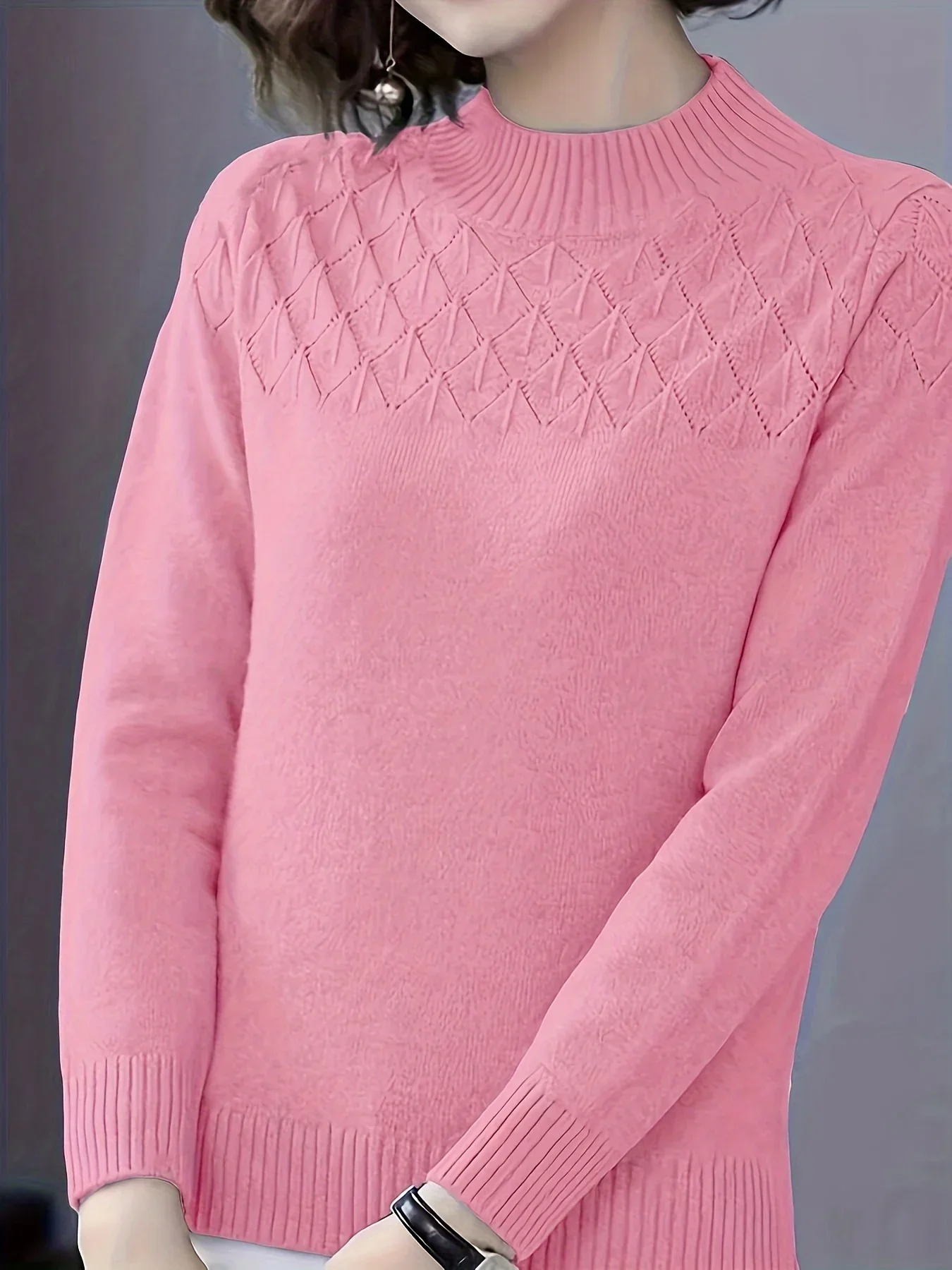 Dames trui | Blauwe viscose sweater met diamantpatroon lange mouw - Image 4