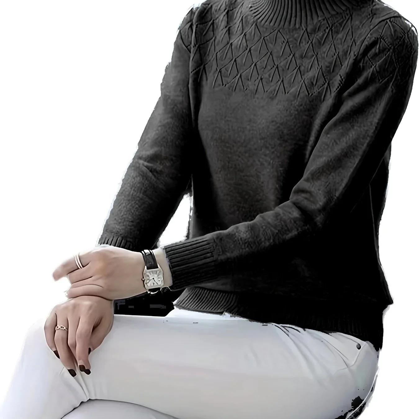 Dames trui | Blauwe viscose sweater met diamantpatroon lange mouw - Image 7