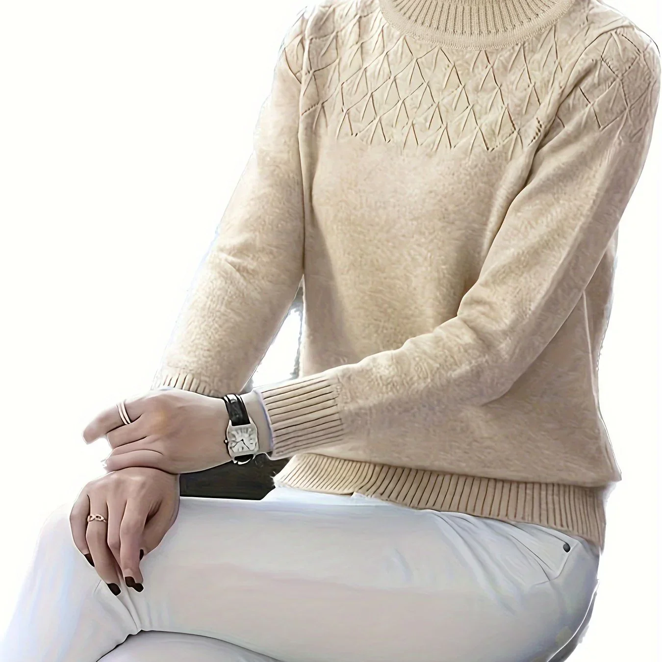 Dames trui | Blauwe viscose sweater met diamantpatroon lange mouw - Image 9