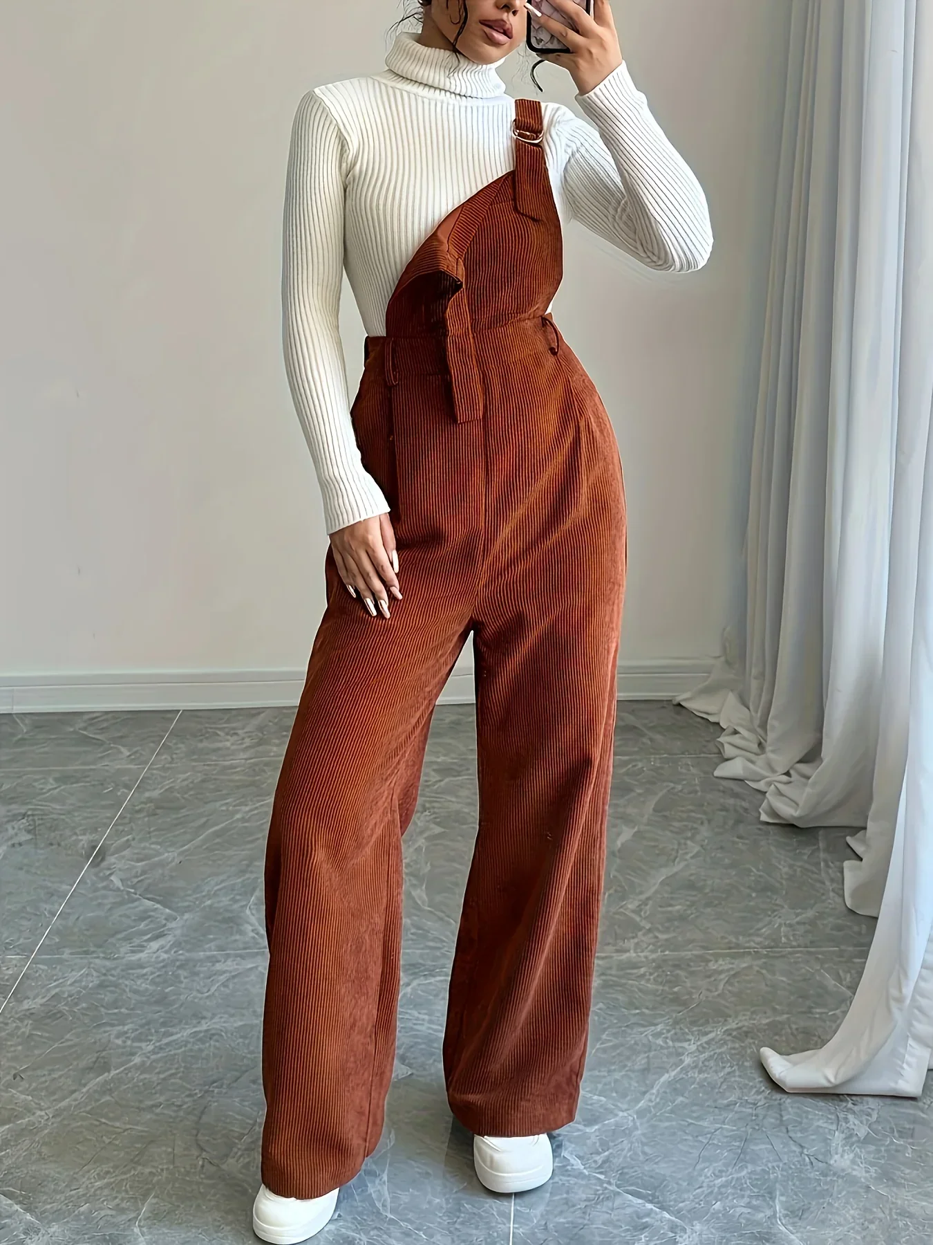 Dames tuinbroek | Lichtbruin casual model met knopen en brede band - Image 10