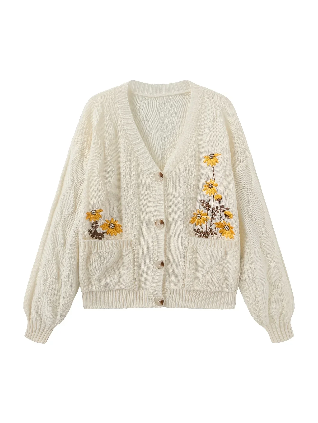 Dames vest | Gebreide trui met bloemenborduursel en knopen