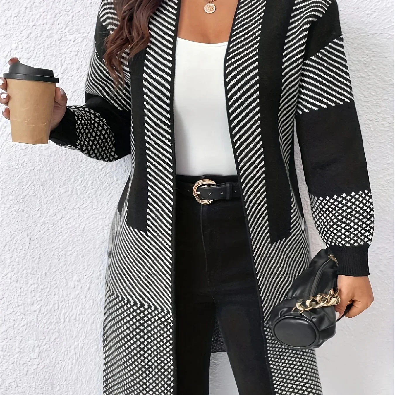 Dames vest | Lang zwart wit gebreide trui openvallend - Image 13