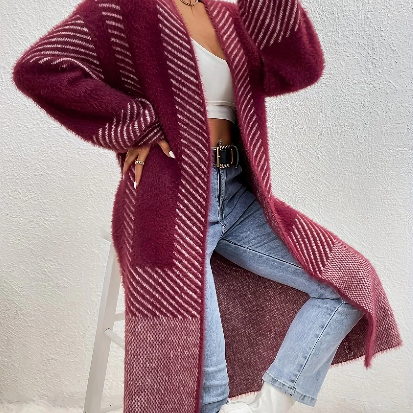 Dames vest | Lang zwart wit gebreide trui openvallend - Image 16