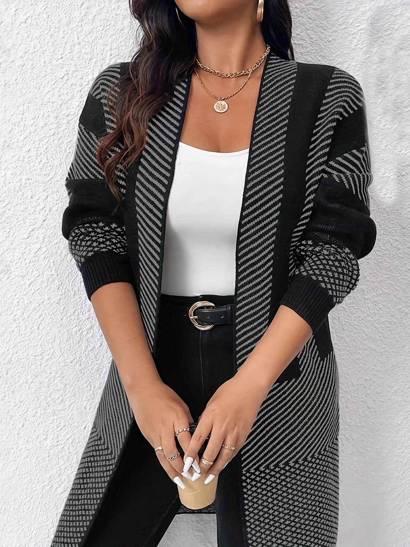 Dames vest | Lang zwart wit gebreide trui openvallend - Image 3