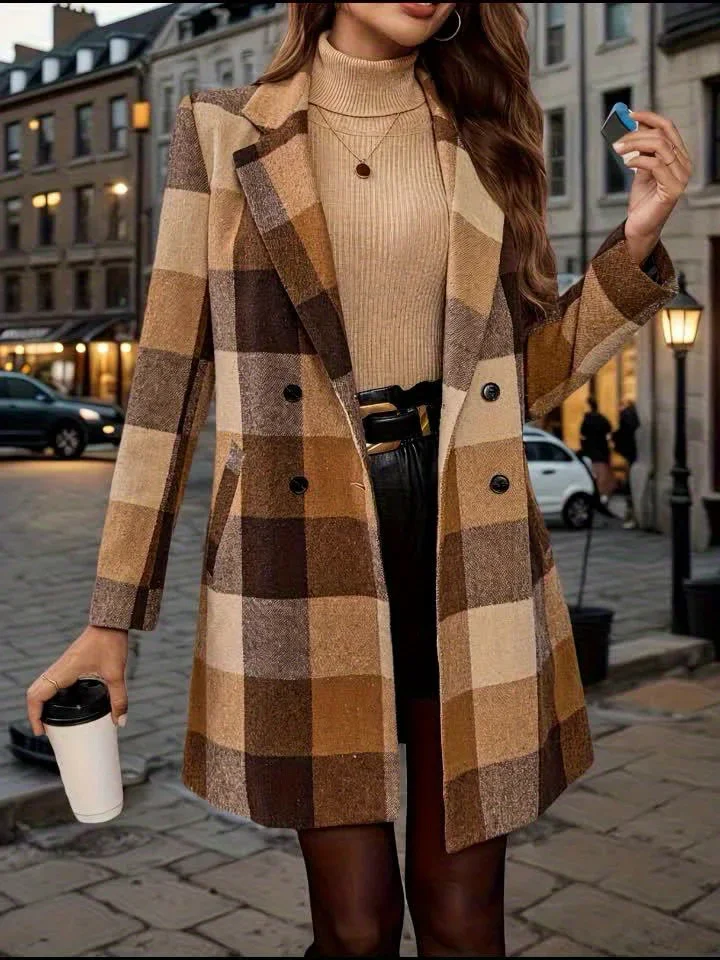 Dames winterjas | Geruite double-breasted coat in herfstkleuren - Image 6