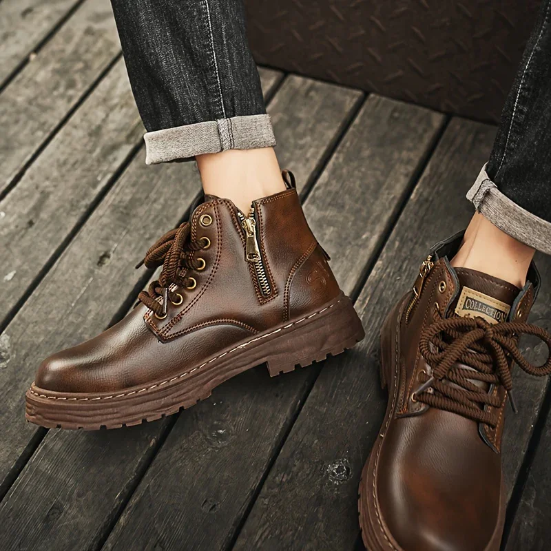 Heren boots | Bruine veterlaarzen met rits en dikke zool - Image 8