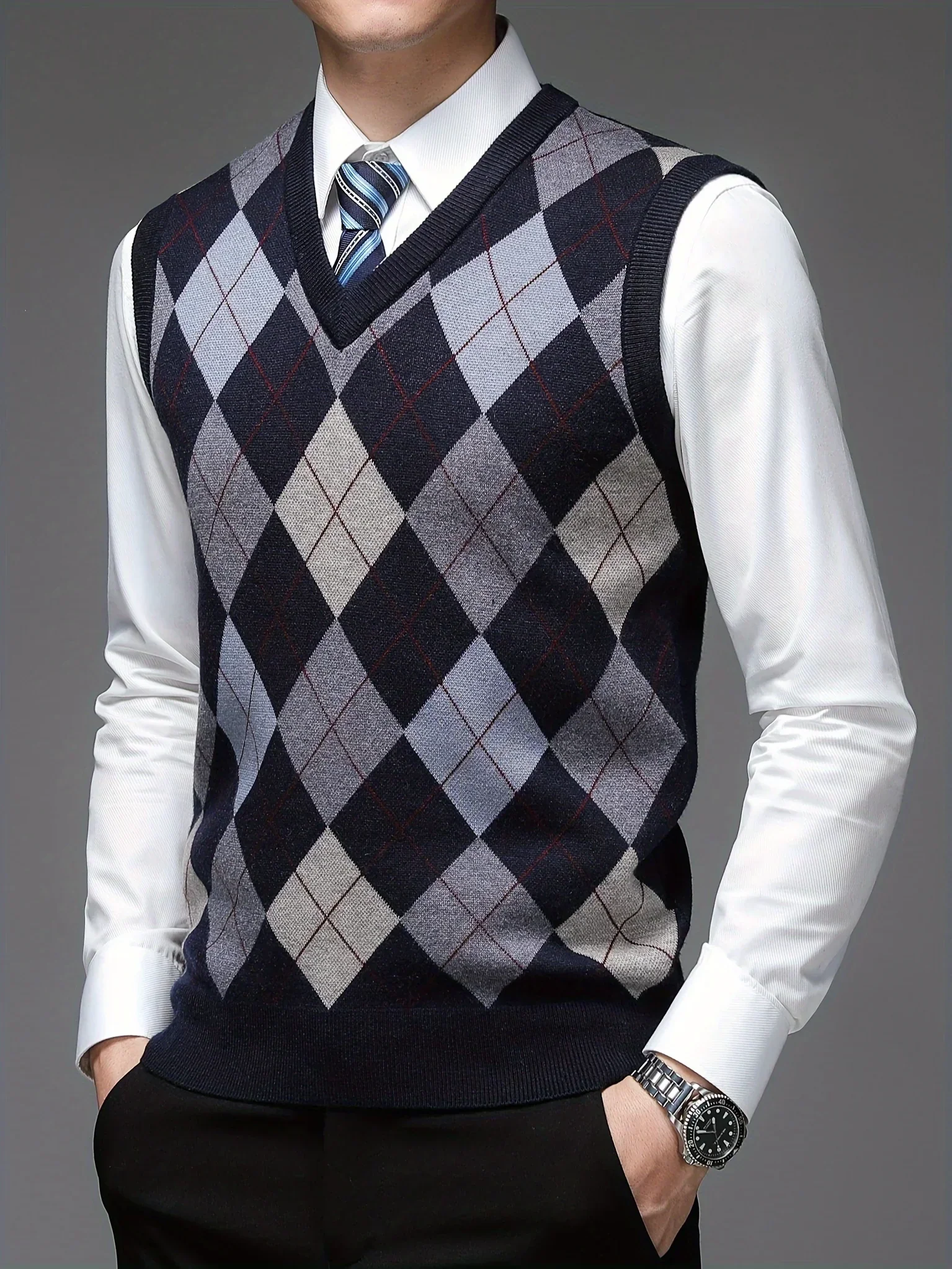 Heren pullover | Argyle gebreide trui zonder mouwen v-hals - Image 2