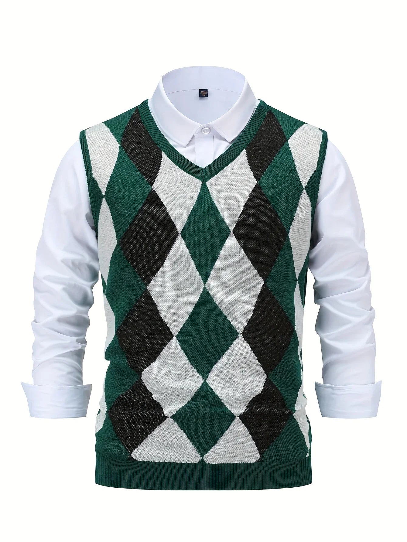 Heren pullover | Gebreide v-hals trui zonder mouwen met ruitpatroon