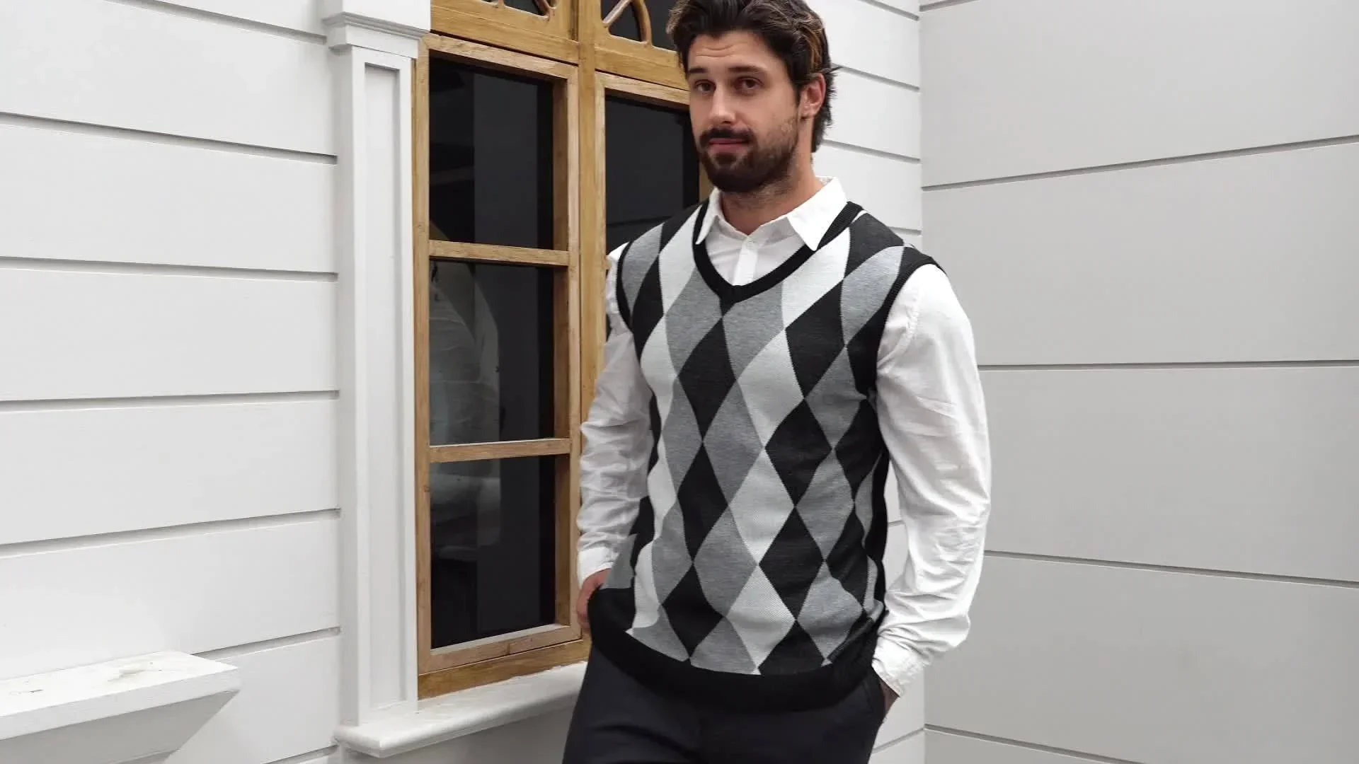 Heren pullover | Gebreide v-hals trui zonder mouwen met ruitpatroon - Image 11