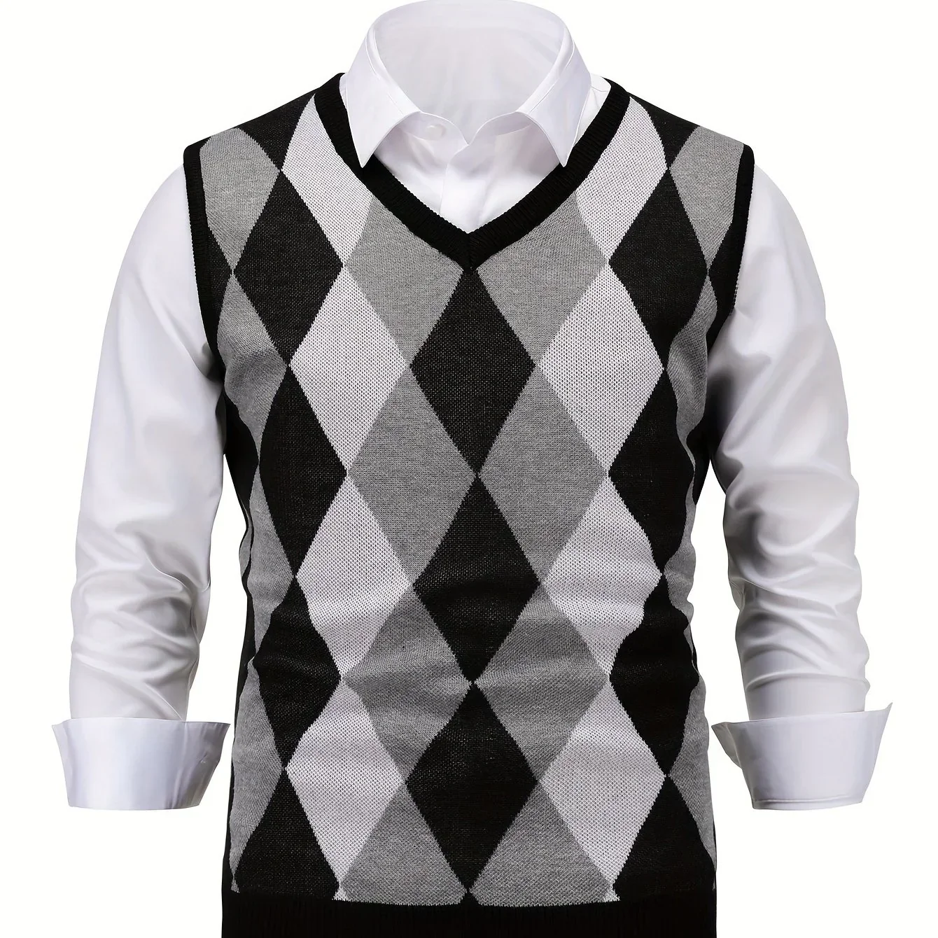 Heren pullover | Gebreide v-hals trui zonder mouwen met ruitpatroon - Image 12