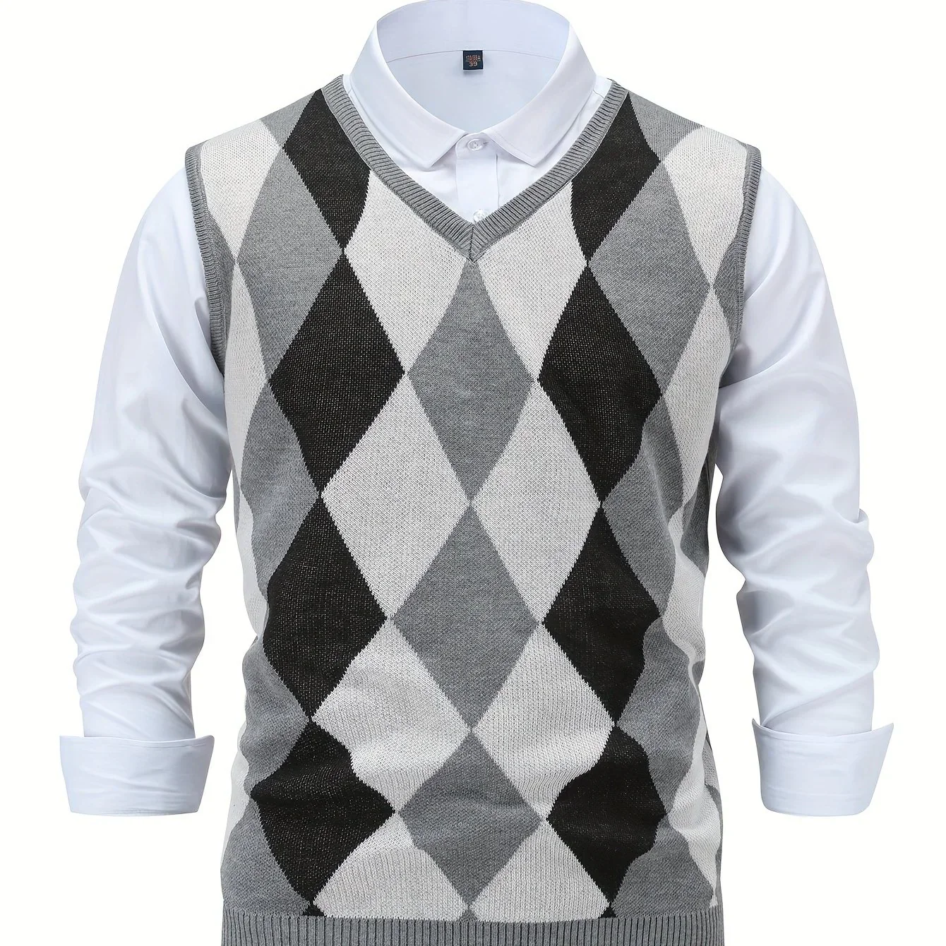 Heren pullover | Gebreide v-hals trui zonder mouwen met ruitpatroon - Image 13